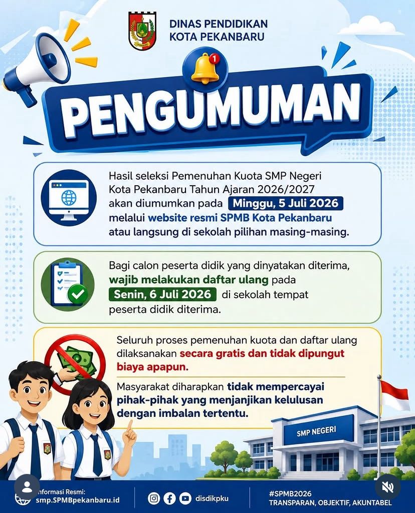 Hasil Seleksi Pemenuhan Kuota SMP Negeri di Pekanbaru Resmi Diumumkan, Peserta Lulus Diminta Segera Daftar Ulang