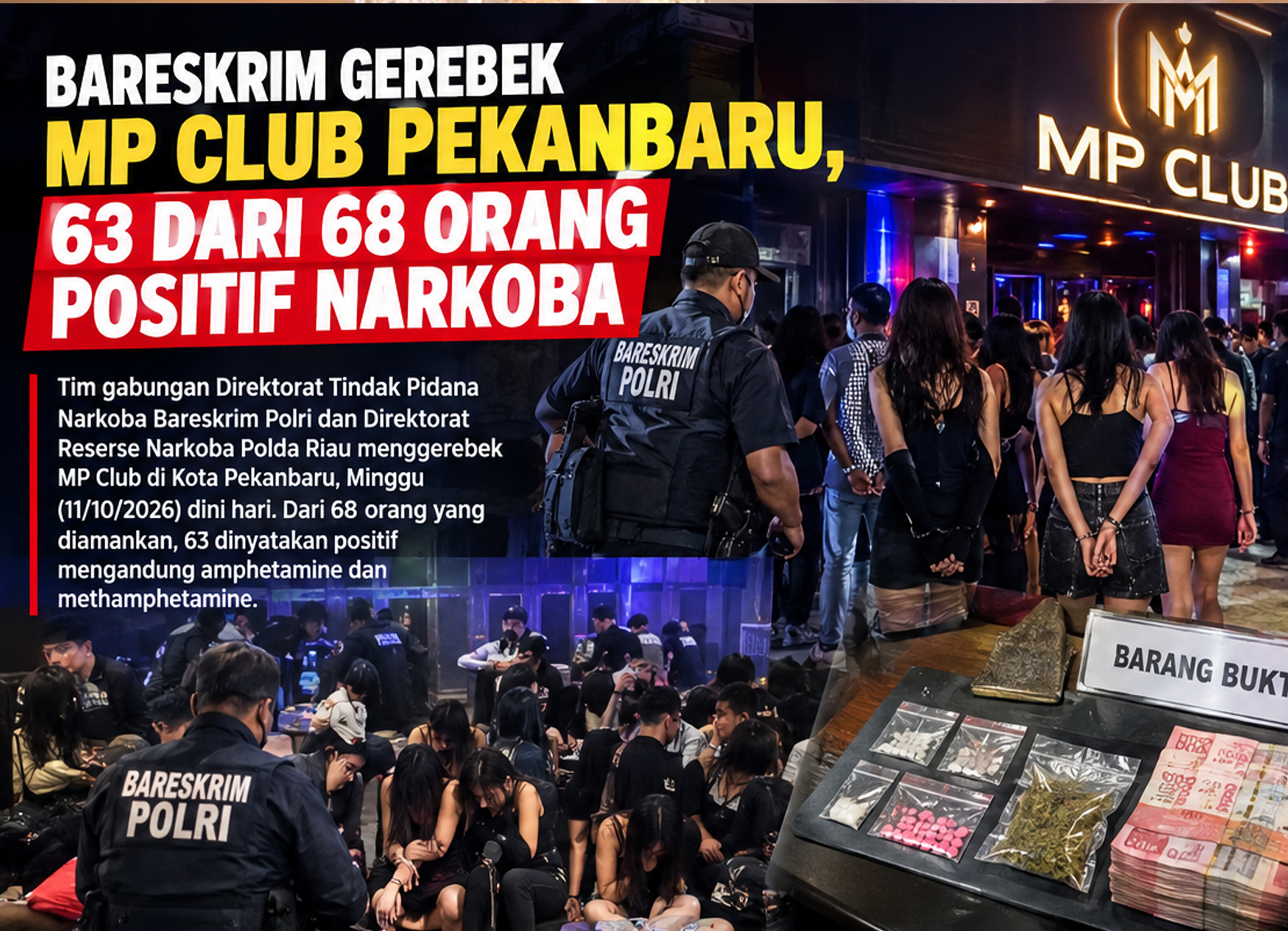 Bareskrim Gerebek MP Club Pekanbaru, 63 dari 68 Orang Positif Narkoba